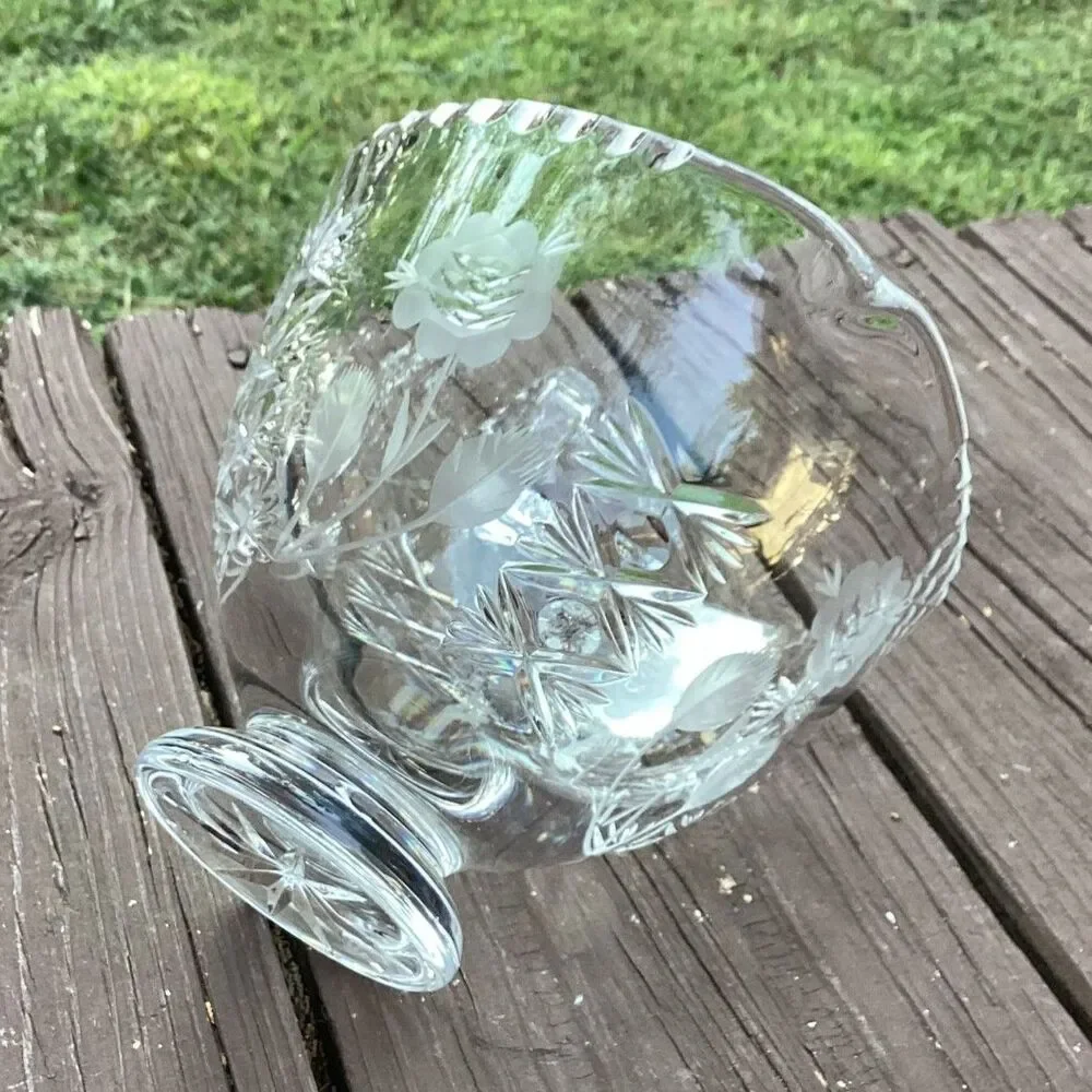 Vintage Crystal Glass Pitcher Creamer Etched‎ Floral Footed Handle HEAVY
